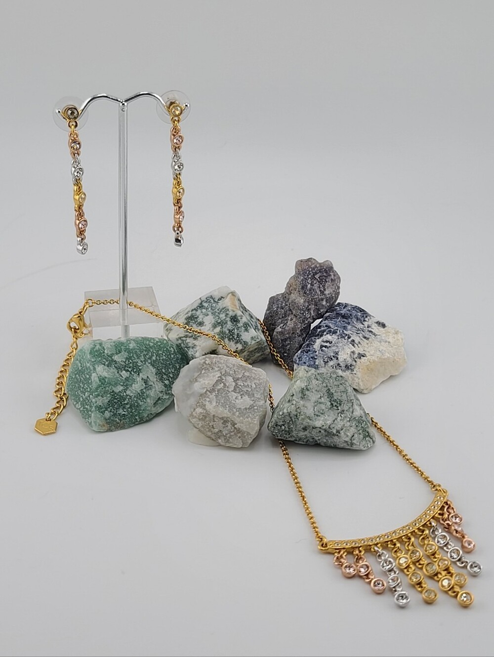 $149 Touchstone Crystal "MULTIPLEX" Tri-Colored Mixed Metals Waterfall Neck Set!